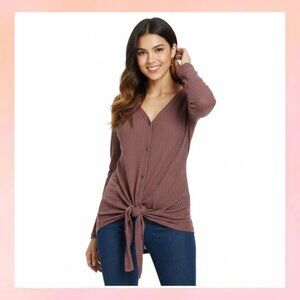 NWT IWOLENCE Mauve Waffle Knit Tie Hem Cardigan XXL